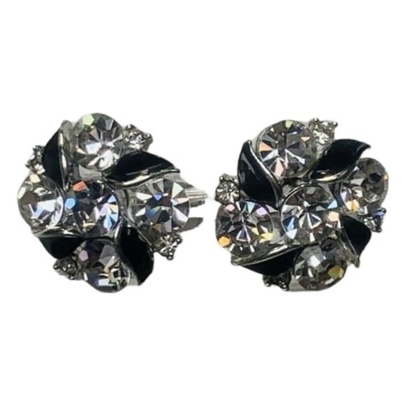 Lisner Crystal Flower Stud Earrings Signed Screw Backs Silver Shimmering - Picture 11 of 12